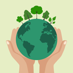 People Characters trying to Save Planet Earth. Woman and Man Planting and Watering Trees, Measuring Planet Temperature. Global Warming and Climate Change Concept. Flat Cartoon Vector Illustration.