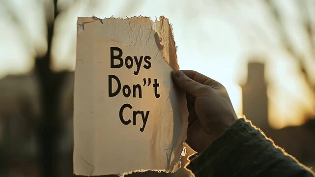 A hand tearing a "Boys Don't Cry" poster on toxic masculinity