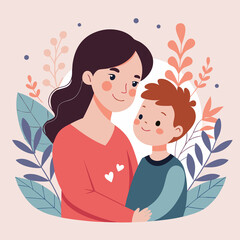 Mother and son illustration for mother's day greeting card family love and care art. Happy Mothers Day illustration..