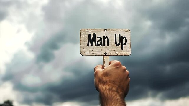 A hand crushing a Man Up sign represents toxic masculinity
