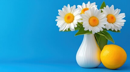 Daisies, lemon, vase, blue, spring, still life