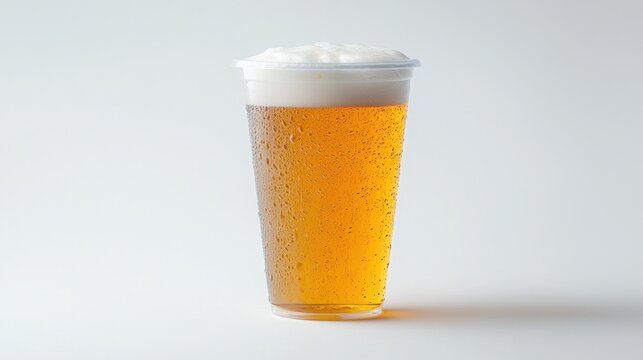 A transparent plastic cup filled with golden draught beer, topped with frothy foam, isolated on a crisp white background