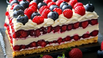 Delicious berry layer cake with cream and fresh fruits