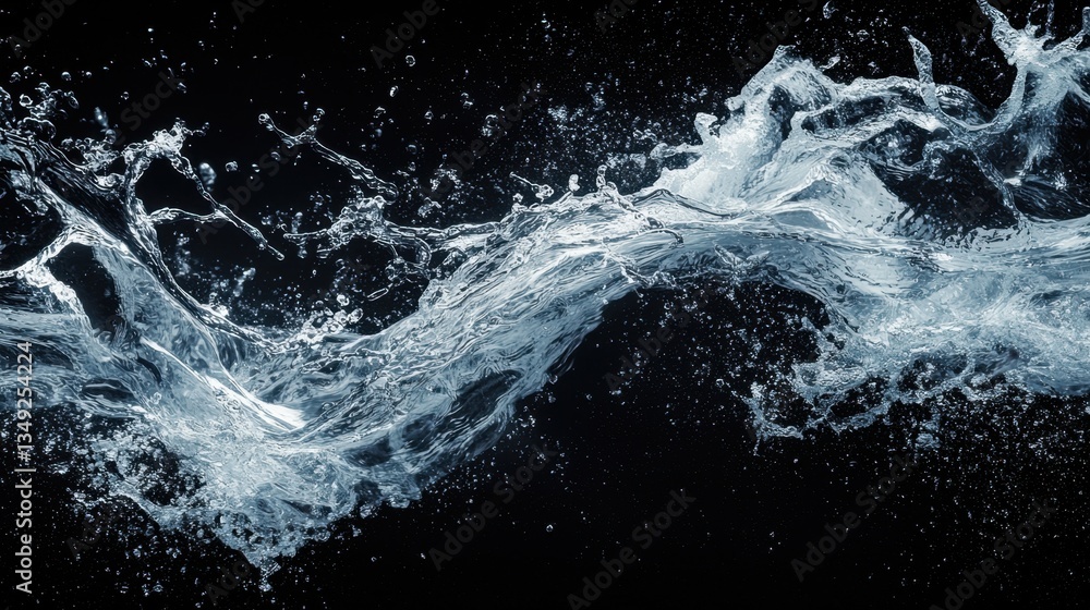 Poster abstract water splash in deep blue, gracefully flowing across the frame, leaving empty space for tex