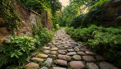 Fototapeta premium Overgrown cobblestone path in a garden, with small weeds and plants sprouting between the stones