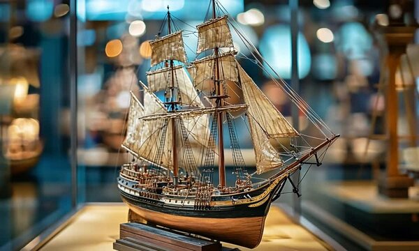 A meticulously detailed model of a tall ship displayed in a glass showcase with bokeh background.