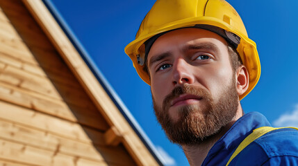 Man with beard wearing yellow hard hat and blue safety vest against wooden building and blue sky. Construction site concept for workplace safety campaigns and skilled trades recruitment