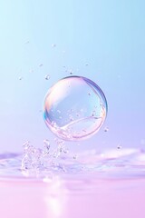 A pristine, transparent bubble suspended in the air, with water droplets trailing from the surface