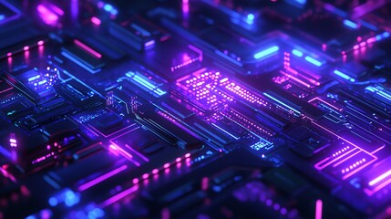 Fototapeta premium Glowing Circuit Board Technology with Blue and Pink Neon Lights Detail