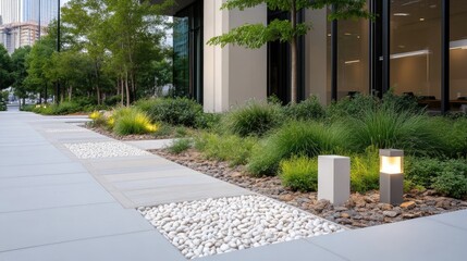 Modern, landscaped plaza outside a contemporary office building