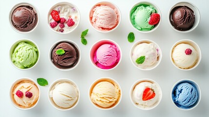 Top view of ice cream cups with various flavors on a white background, flat lay, top-down view, colorful ice creams, decorated with fresh fruit or mint leaves, green, pink, blue, purple, red, yellow