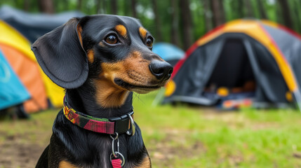 Dachshund dog with colorful collar at campsite with tents in forest background. Pet travel concept suitable for outdoor adventure marketing and animal friendly vacation destinations