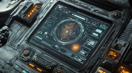 Fototapeta premium Analyzing Futuristic Touchscreen Control Panel Displaying Complex Data and Information