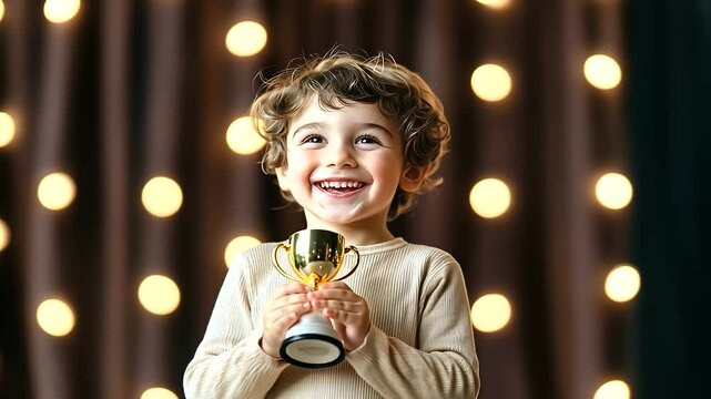 A smiling star kid with a trophy and a glowing velvet curtain