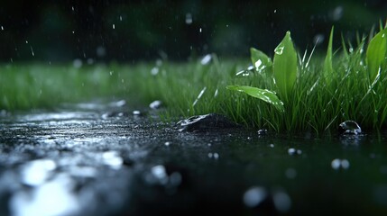 Lush green grass drenched in rain, close-up view. Water droplets cascade, illuminating the vibrant greenery. Dark background, emphasizing the moisture and freshness