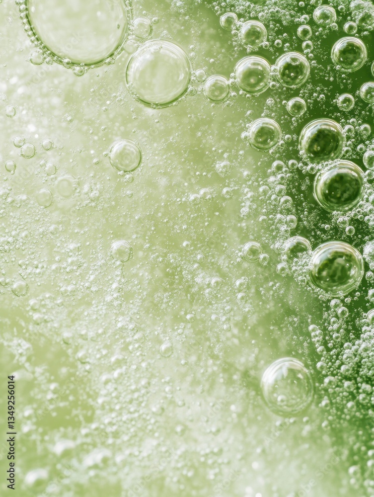 Poster a mesmerizing close-up of clear bubbles floating in a light green translucent liquid.