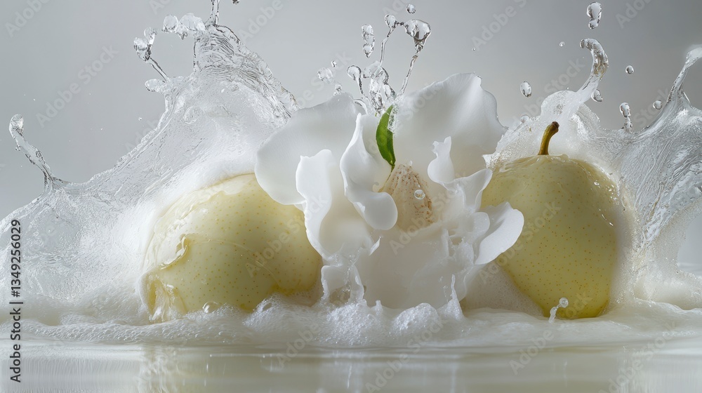 Poster two pears and a flower submerged in a splash of milk.