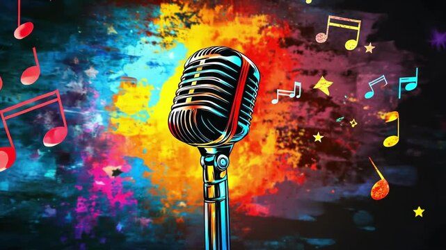 Vintage microphone with colorful music notes on a vibrant background