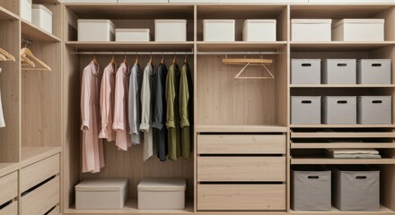 Organized Closet with Clothes and Storage Boxes Provides Ample Storage