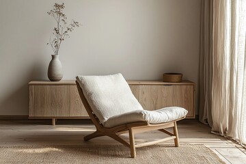 Minimalist Interior Interior Design of a living room with an armchair and wood cabinet, and interior accessories visible. Generative AI
