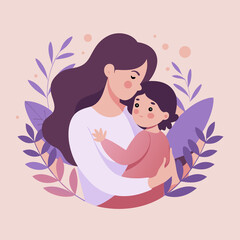 Mother daughter illustration vector art for family love and care graphic design idea. Happy Mothers Day illustration..