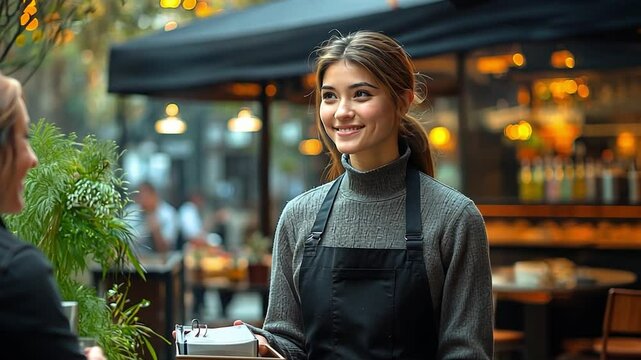 Warm Welcome: A smiling waitress attentively serves her customer in a cozy outdoor caf&eacute;, embodying hospitality and warmth.