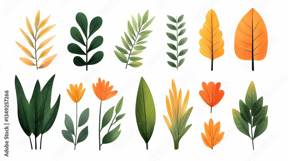 Poster hand-drawn botanical doodles ideal for bright ui design projects