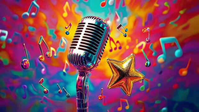 Retro microphone with colorful musical notes and star in vibrant background