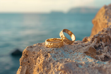 Gold wedding rings lie on a rock near the sea. A wedding by the sea. 
