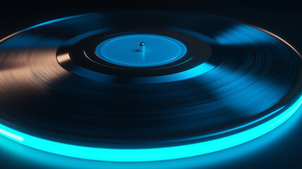 Close-up of a Spinning Vinyl Record with Neon Blue Light