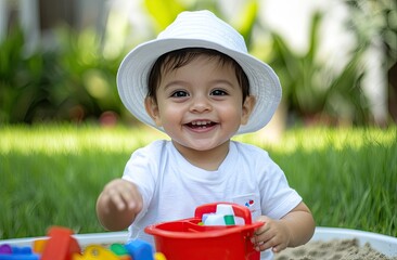 A cute little boy wearing a white short-sleeved shirt and hat is playing with toys in the sandbox, with a green grass background