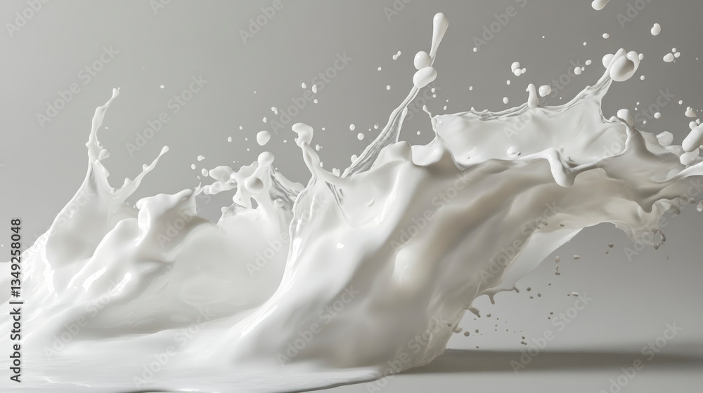 Poster dynamic milk splash with creamy texture and white background.