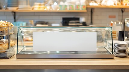 Retail counter product showcase mockup featuring blank sleek glass stand