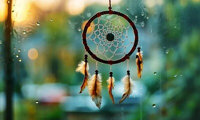 A dreamcatcher hangs in front of a window with raindrops, blurred green and yellow background. - Powered by Adobe