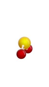 Molecule: Sulfur Dioxide. Chemical Structure Model: Ball and stick. Molecular Formula: SO2. Isolated on a white background. Seamless looping Vertical video. 3D render.