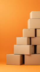 Fototapeta premium A neatly arranged pile of cardboard boxes ready for delivery in a warehouse vertical - orange background