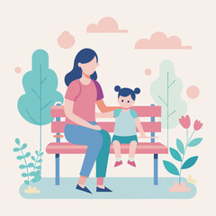 Illustration of mother and child sitting on park bench in vector graphic design style. Happy Mothers Day illustration..