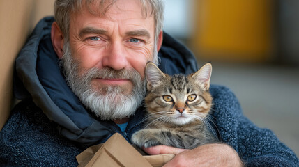 Senior man with beard holding tabby kitten close to face against blurred background. Human animal bond concept for pet adoption campaigns, animal welfare and emotional support resources