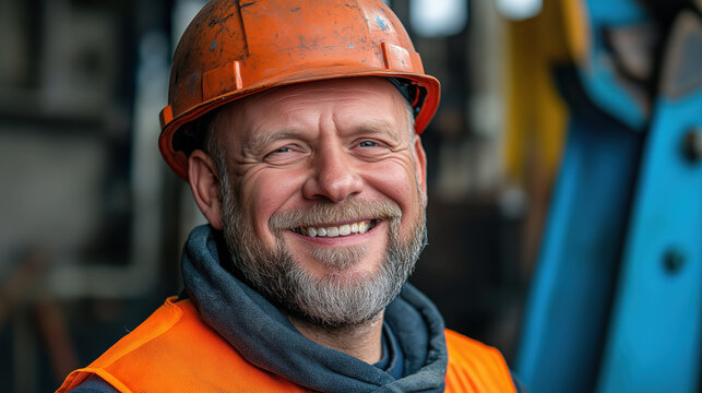 Smiling construction worker with beard wearing orange safety helmet and vest. Industrial portrait concept for engineering companies, safety training and labor recruitment