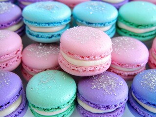 Obraz premium Pastel Macarons with Silver Glitter Close Up View
