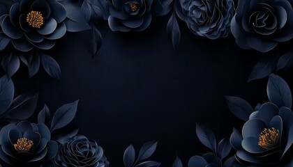 Elegant dark floral design featuring intricate black flowers and golden centers, creating a striking contrast on a deep backdrop.