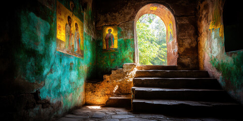 A peaceful Ethiopian Orthodox church set in serene surroundings.