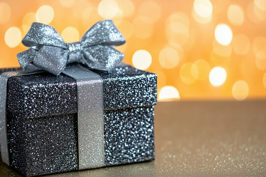 Silver glitter gift box with bow against golden bokeh background. Luxury present concept for holiday celebrations, special occasions and premium gift marketing - Powered by Adobe
