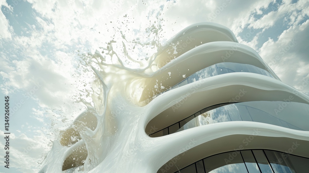 Poster modern architecture building with splashing liquid design element against bright sky.