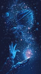 Obraz premium Hands creating planets with phone in space