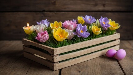 Colorful spring flowers arranged in a wooden box with decorative eggs and a candle on a rustic wooden background