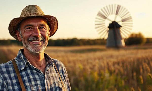 A smiling farmer wearing a straw hat in a field with a distant windmill in the background.