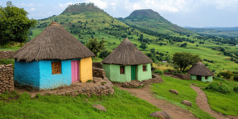 A serene Ethiopian village landscape surrounded by rolling hills.