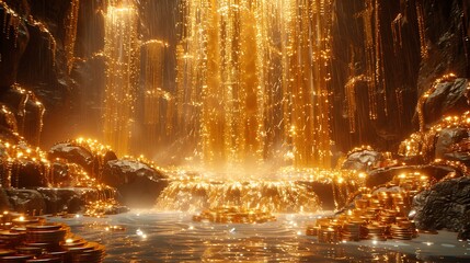Enchanting golden waterfall cascading into a serene pool surrounded by shimmering treasures