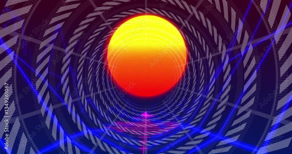 Poster animation of vibrant sun with geometric patterns and neon grid in tunnel